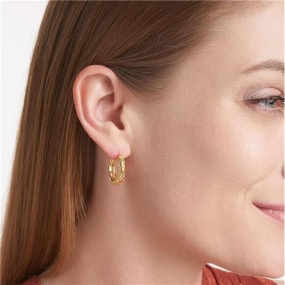 Sterling Silver Filigree Hoop Earrings Gold Plated Swirl Design Jewelry Gift - Picture 3 of 7